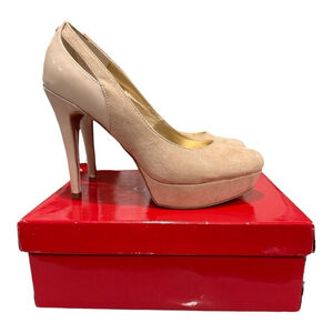 Guess GFEMELY Platform Pumps Womens Size 8 Beige Nude Suede Patent Heels Shoes